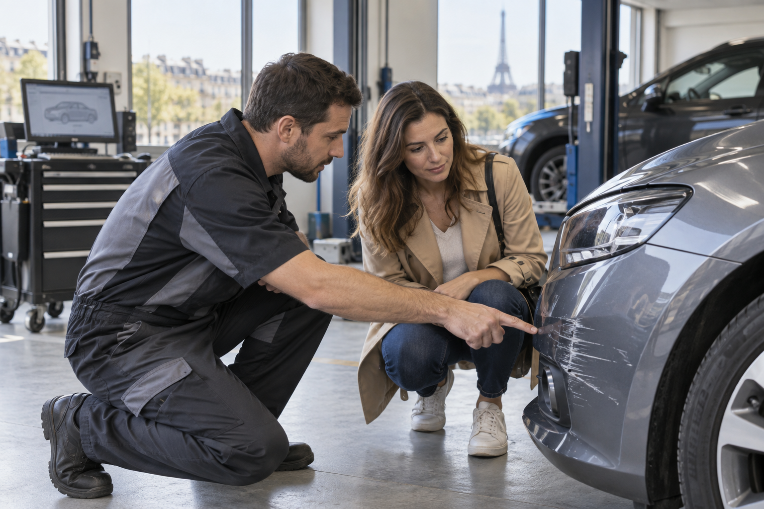 Un réparateur examine avec une assurée les dommages d’une voiture après un accident dans un atelier en Île-de-France.