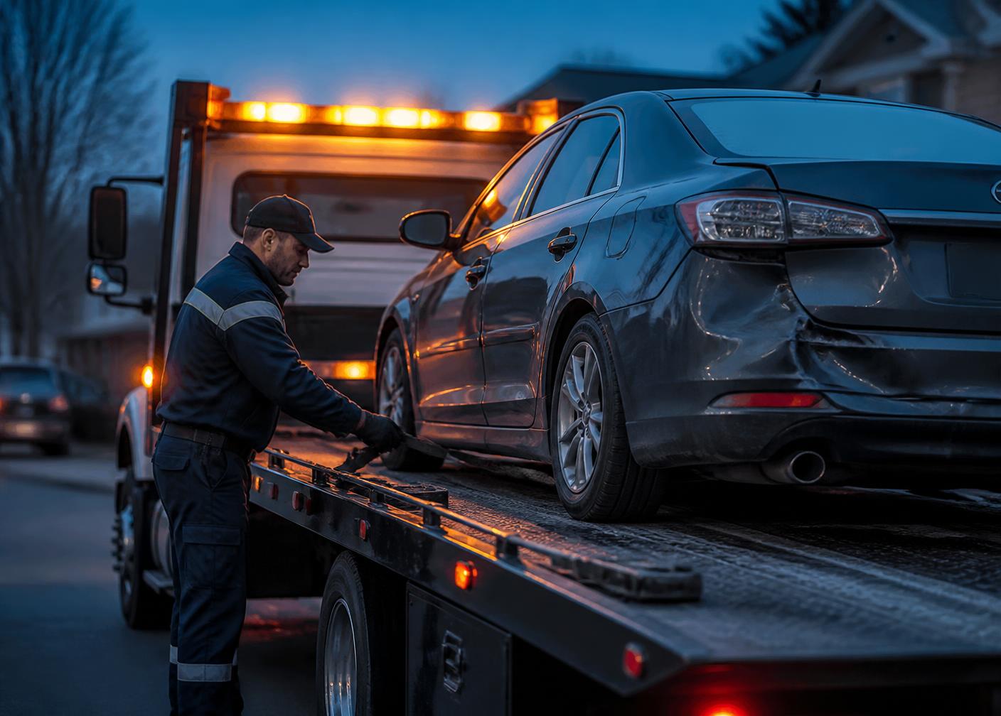 Enlèvement d’un véhicule accidenté par une dépanneuse plateau devant un domicile