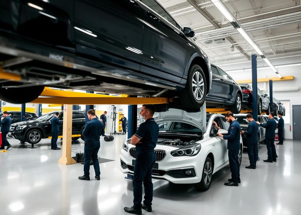 Atelier de réparation automobile du réseau SOS Mon Garage avec plusieurs véhicules sur ponts