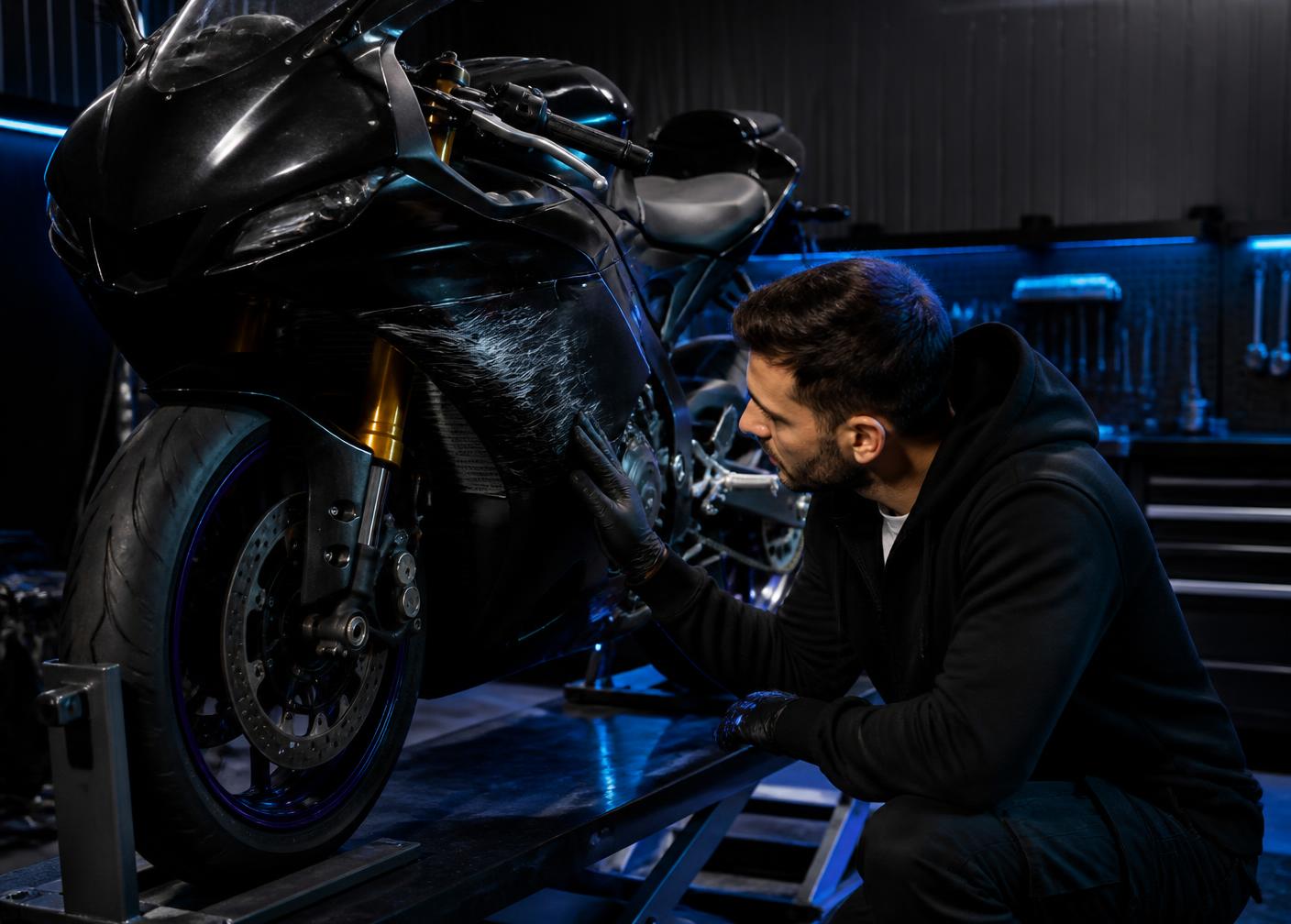 Réparateur spécialisé examinant une moto accidentée dans un atelier