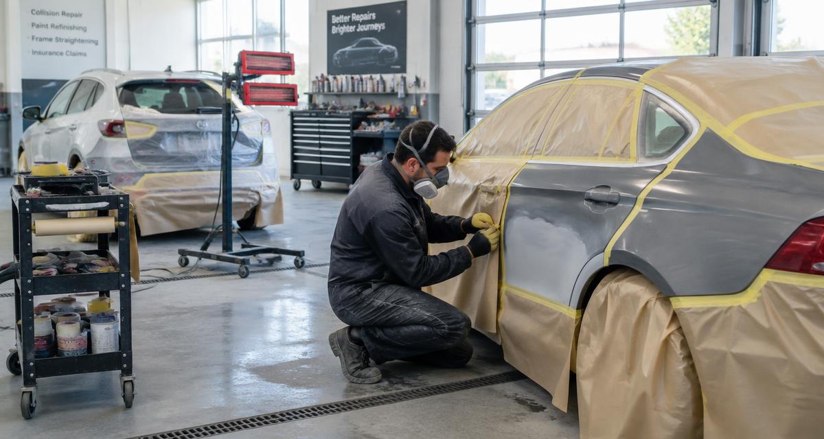 Carrossier préparant un véhicule à la peinture dans un atelier équipé
