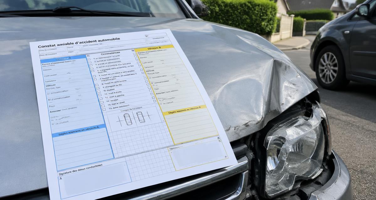 Constat amiable non signé posé sur le capot d'une voiture accidentée