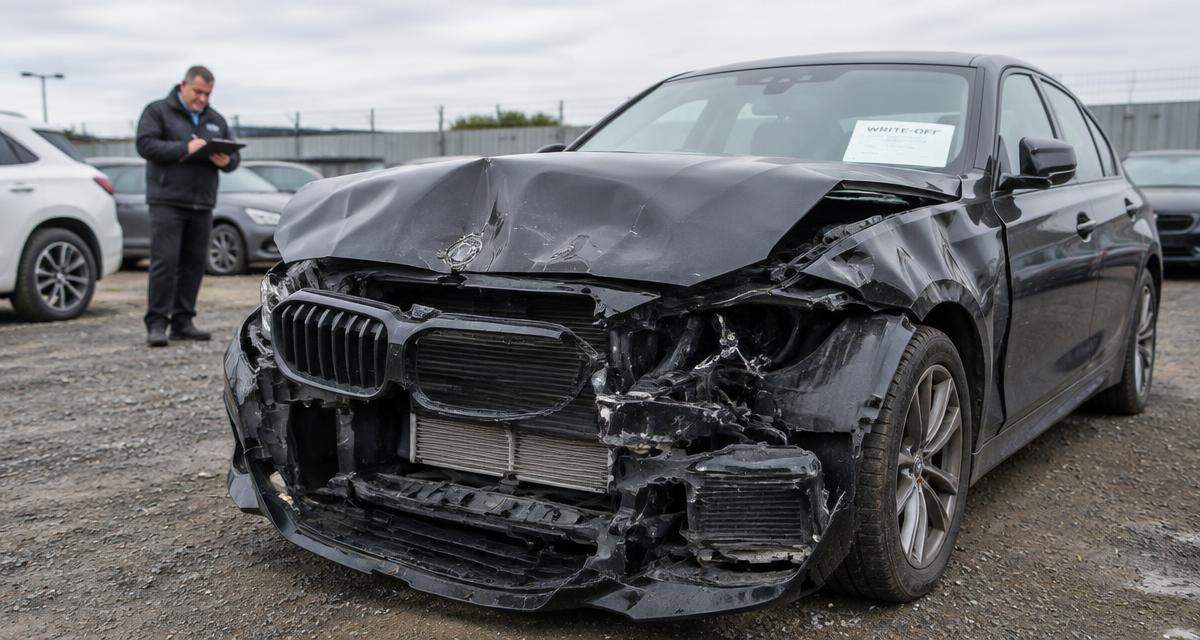 Véhicule fortement accidenté déclaré épave sur un parc de stockage