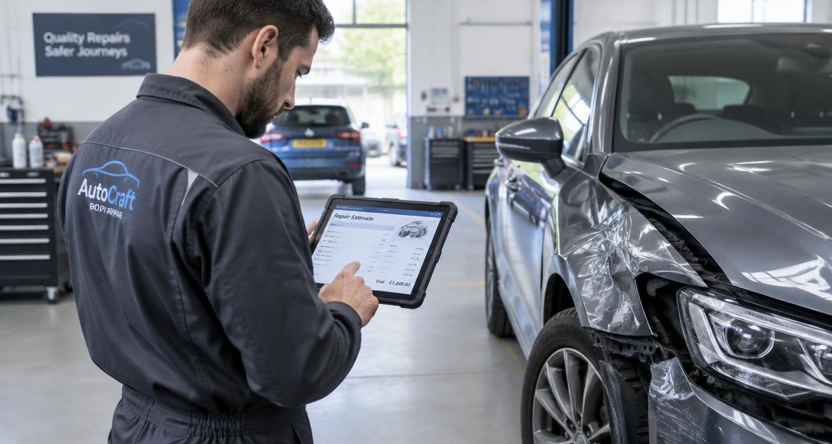 Technicien étudiant un devis de réparation sur tablette à côté d'un véhicule accidenté