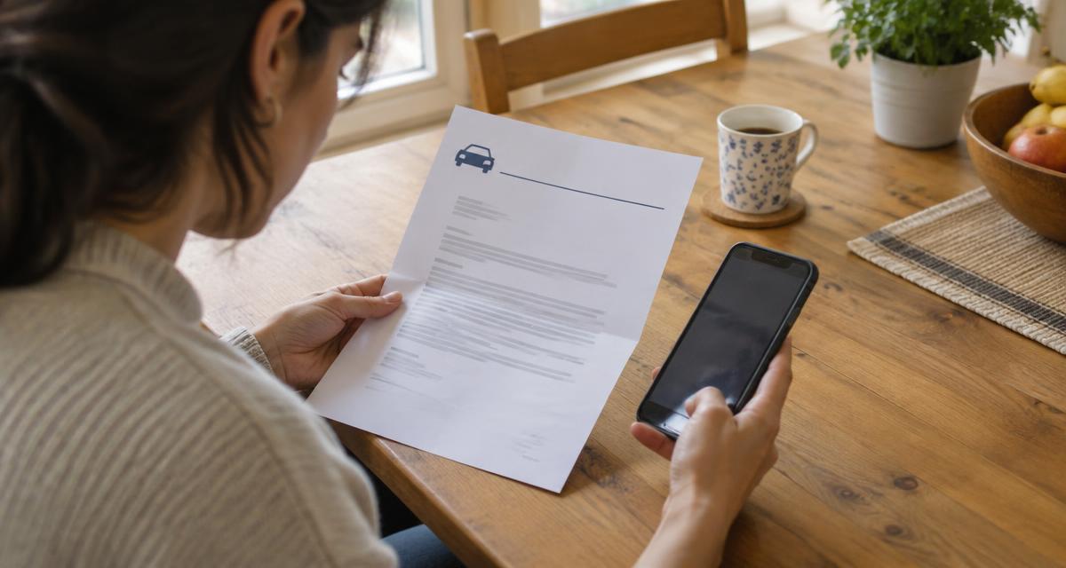 Assurée lisant un courrier d'assurance automobile avec son téléphone à la main