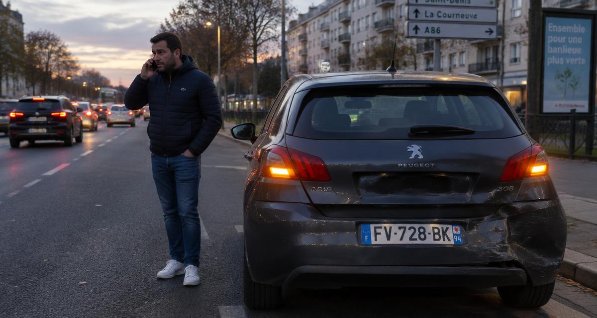 Conducteur au téléphone à côté d'un véhicule au pare-chocs endommagé en Île-de-France